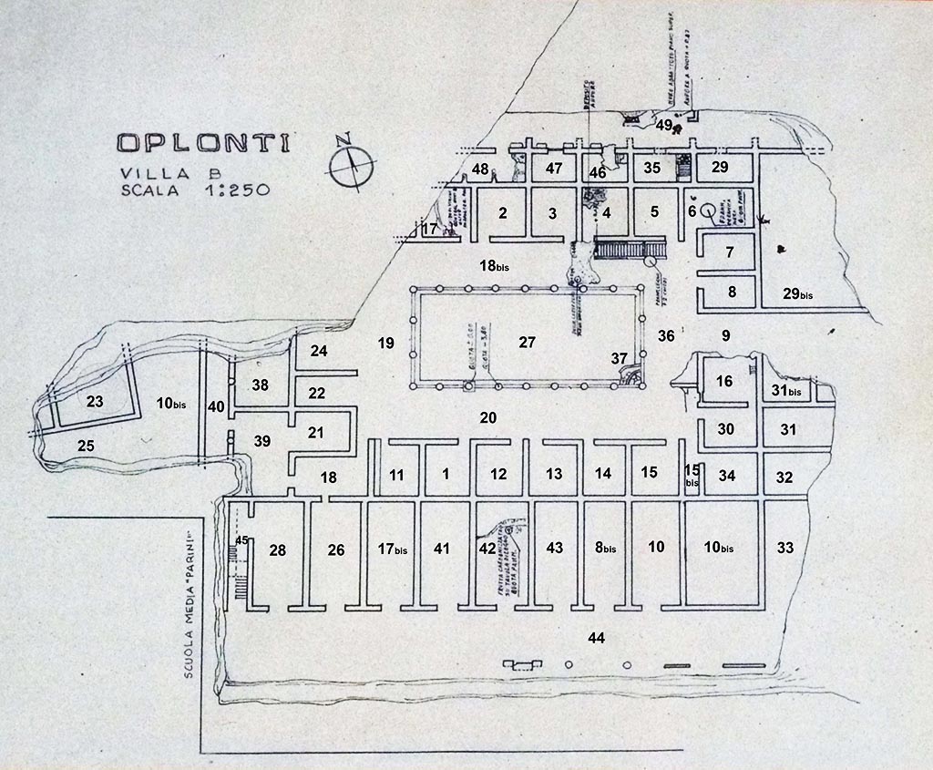 Oplontis, Villa of Lucius Crassius Tertius. Plan on display in Oplontis in 2011. 